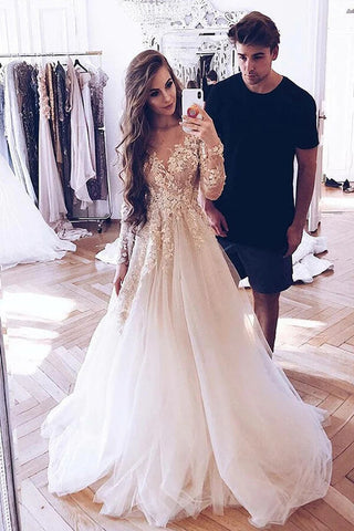 Tüll A-Linie Lange Ärmel Spitzenapplikationen Hochzeitskleider, Brautkleid