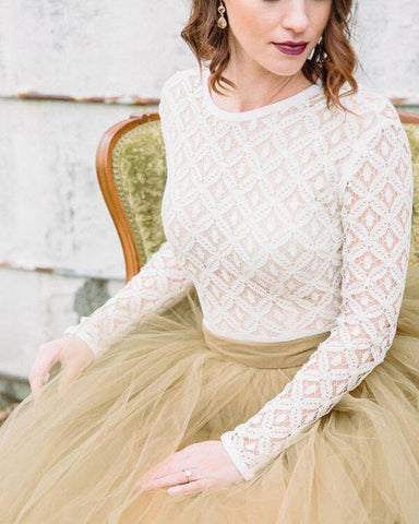 Tulle A-Line Two Pieces Long Sleeves Backless Wedding Dresses