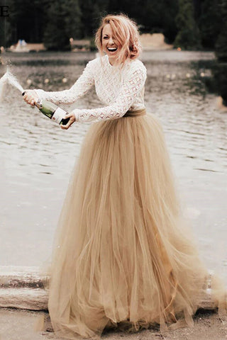 Tulle A-Line Two Pieces Long Sleeves Backless Wedding Dresses