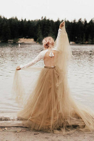 Tulle A-Line Two Pieces Long Sleeves Backless Wedding Dresses