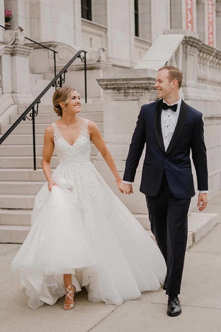 Tulle A-line Backless V-neck Wedding Dress With Lace Appliques, Bridal Gown