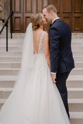 Tulle A-line Backless V-neck Wedding Dress With Lace Appliques, Bridal Gown