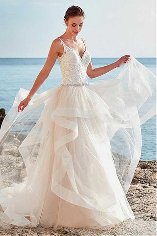 Tulle A-line Beaded Spaghetti Straps Backless Wedding Dress, Bridal Gown