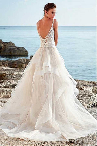 Tulle A-line Beaded Spaghetti Straps Backless Wedding Dress, Bridal Gown