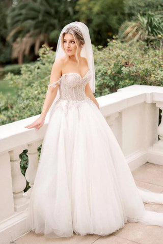 Tulle A-line Beaded Sweetheart Neck Wedding Dresses, Bridal Gowns