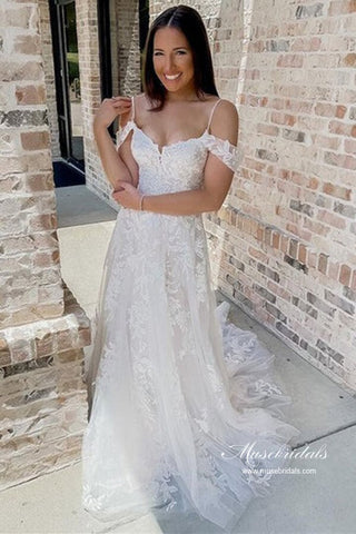 Tulle A-line Cold-Shoulder Wedding Dresses With Lace Appliques