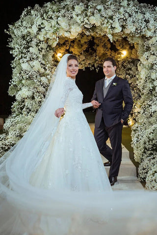 Tulle A-line High Neck Lace Appliques Long Sleeves Boho Wedding Dress