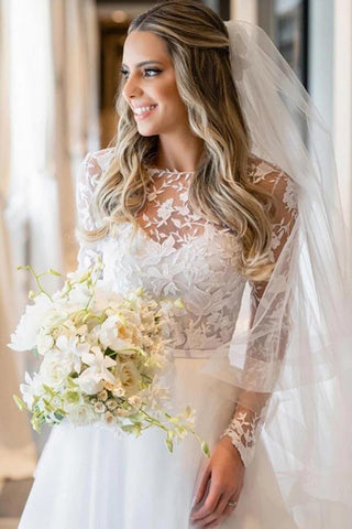 Tüll A-Linie Illusion Floral Spitze Lange Ärmel Hochzeitskleider, Brautkleid