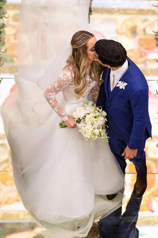 Tüll A-Linie Illusion Floral Spitze Lange Ärmel Hochzeitskleider, Brautkleid