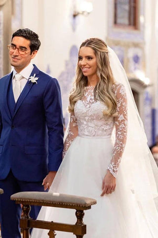 Tüll A-Linie Illusion Floral Spitze Lange Ärmel Hochzeitskleider, Brautkleid