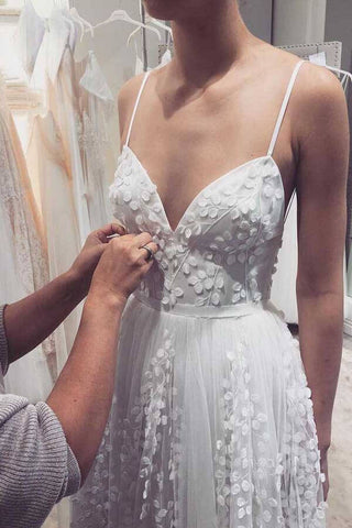 Tulle A-line Lace Appliqued Spaghetti Straps Wedding Dress, Wedding Gown