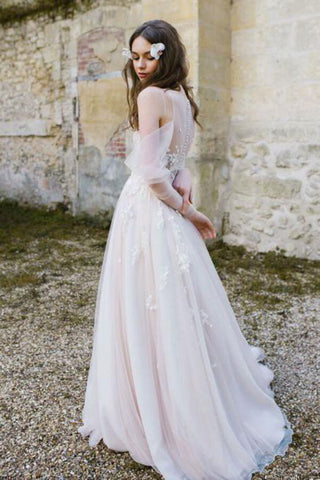 Tulle A-line Long Sleeves Beach Wedding Dresses With Lace Appliques