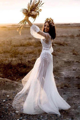 Tulle A-line Long Sleeves Beach Wedding Dresses With Lace Appliques