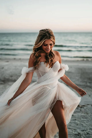 Tulle A-line Off-the-Shoulder Beach Wedding Dresses With Side Slit,