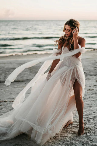 Tulle A-line Off-the-Shoulder Beach Wedding Dresses With Side Slit,