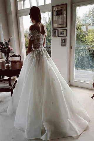 Tulle A-line Off-the-Shoulder Lace Appliqued Rustic Wedding Dresses