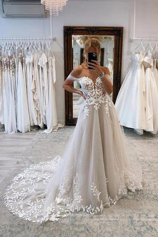 Tüll A-Linie Off-the-Shoulder Brautkleider mit Spitzenapplikationen