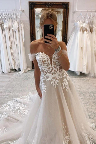 Tüll A-Linie Off-the-Shoulder Brautkleider mit Spitzenapplikationen