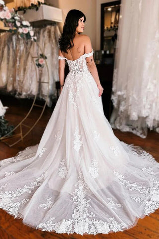 Tulle A-line Off Shoulder Slit Wedding Dresses With Lace Appliques
