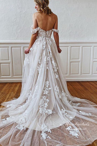 Tulle A-line Off Shoulder Sweetheart Floral Lace Beach Wedding Dresses