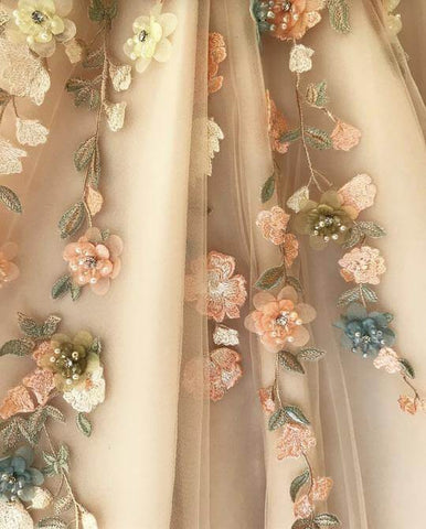 Tulle A-line One Shoulder 3D Flowers Prom Dresses With Slit, Evening Dress