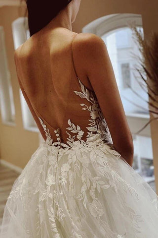 Tüll A-Linie Transparenter Hals Hochzeitskleid mit Spitzenapplikationen, Brautkleid
