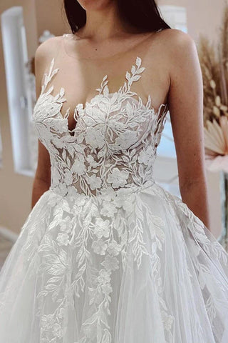 Tüll A-Linie Transparenter Hals Hochzeitskleid mit Spitzenapplikationen, Brautkleid