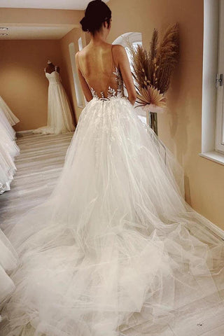 Tüll A-Linie Transparenter Hals Hochzeitskleid mit Spitzenapplikationen, Brautkleid
