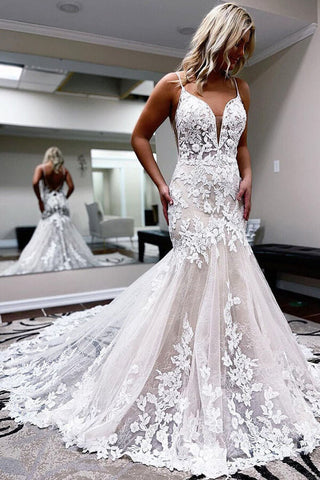 Tulle A-line Spaghetti Straps Mermaid Wedding Dress With Lace Appliques