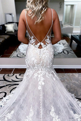 Tulle A-line Spaghetti Straps Mermaid Wedding Dress With Lace Appliques