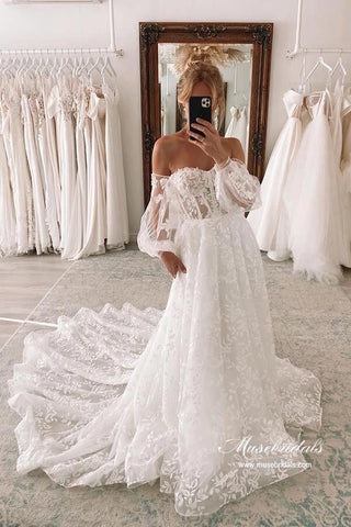 Tulle A-line Sweetheart Lace Wedding Dresses With Detachable Sleeves