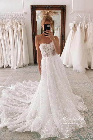 Tulle A-line Sweetheart Lace Wedding Dresses With Detachable Sleeves