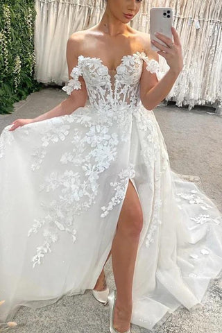 A-Linien-Brautkleid aus Tüll mit Ausschnitt und offenem Ausschnitt und Spitzenapplikationen