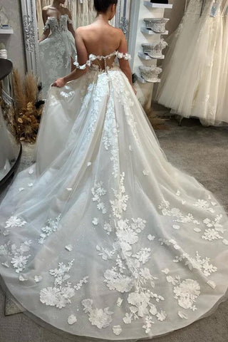 A-Linien-Brautkleid aus Tüll mit Ausschnitt und offenem Ausschnitt und Spitzenapplikationen