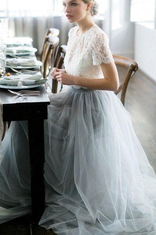 Tulle A-line Two Piece Short Sleeves Wedding Dress With Sweep Train