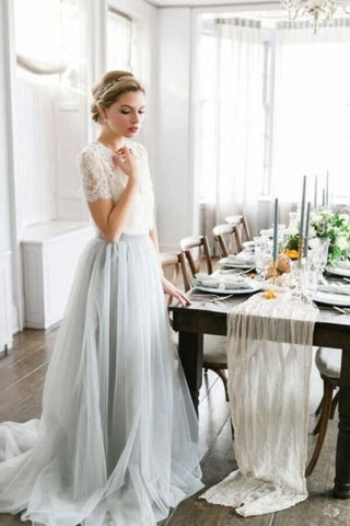 Tulle A-line Two Piece Short Sleeves Wedding Dress With Sweep Train