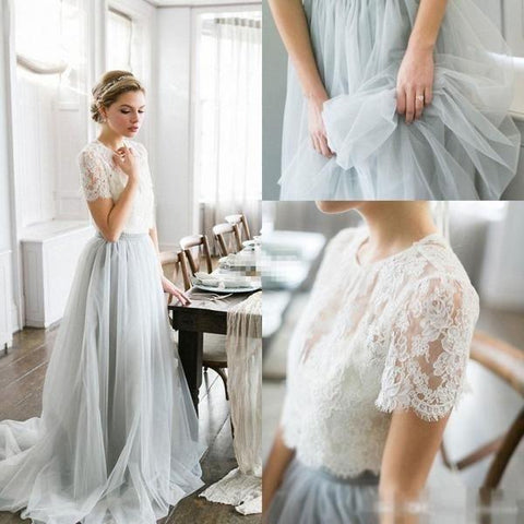 Tulle A-line Two Piece Short Sleeves Wedding Dress With Sweep Train