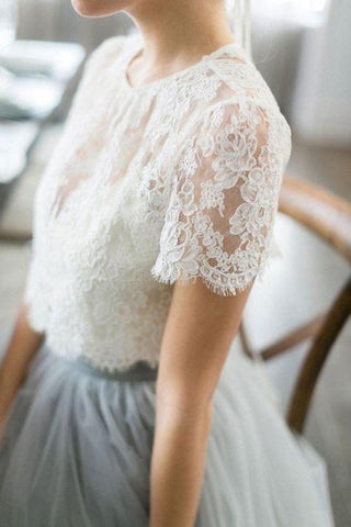 Tulle A-line Two Piece Short Sleeves Wedding Dress With Sweep Train