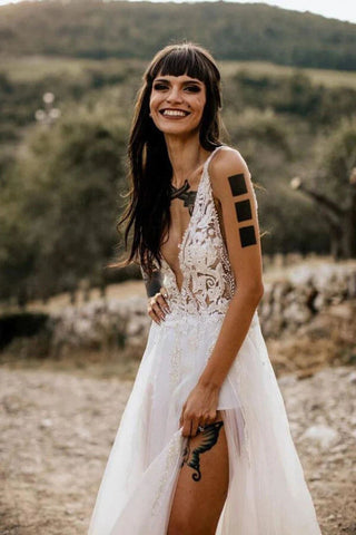 Tulle A-line V-Neck See Through Thigh Slit Beach Wedding Dresses