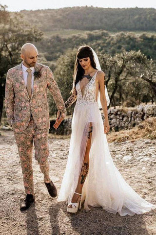 Tulle A-line V-Neck See Through Thigh Slit Beach Wedding Dresses