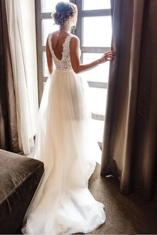 Tulle A-line V-neck Backless Beach Wedding Dresses With Sweep Train
