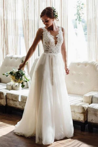 Tulle A-line V-neck Backless Beach Wedding Dresses With Sweep Train