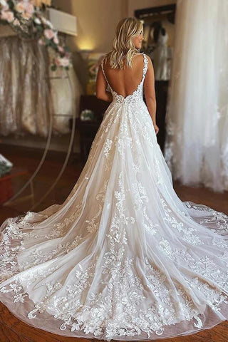 Tüll A-Linie V-Ausschnitt Rückenfreies Boho Brautkleid mit Spitzenapplikationen