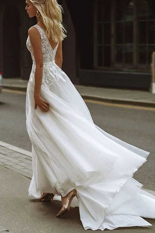 Tulle A-line V-neck Backless Lace Appliques Wedding Dresses, Wedding Gown