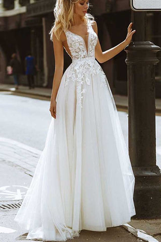 Tulle A-line V-neck Backless Lace Appliques Wedding Dresses, Wedding Gown