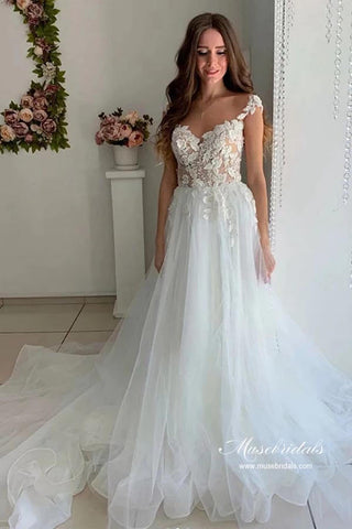 Tulle A-line V-neck Cap Sleeves Wedding Dresses With Lace Appliques