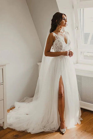 Tüll A-Linie V-Ausschnitt Spitze Brautkleid mit Seitenschlitz, Brautkleid