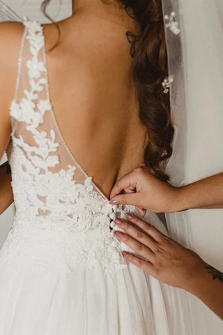 Tüll A-Linie V-Ausschnitt Spitze Brautkleid mit Seitenschlitz, Brautkleid