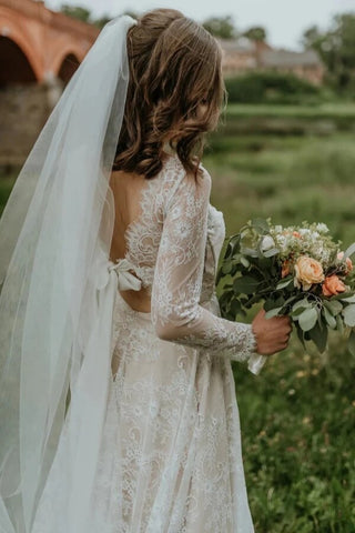 Tulle A-line V-neck Long Sleeves Lace Boho Wedding Dresses, Bridal Gown