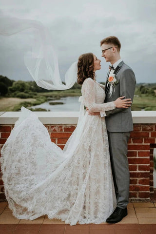 Tulle A-line V-neck Long Sleeves Lace Boho Wedding Dresses, Bridal Gown